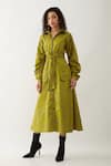 Shop_Son of A Noble Snob_Green Cotton Satin Collared Leaf Pathway Print Midi Dress _Online_at_Aza_Fashions
