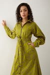 Son of A Noble Snob_Green Cotton Satin Collared Leaf Pathway Print Midi Dress _at_Aza_Fashions