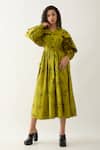 Son of A Noble Snob_Green Cotton Satin Collared Leaf Aston Midi Dress _at_Aza_Fashions