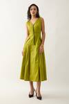 Buy_Son of A Noble Snob_Green Cotton Satin V-neck Leaf Sleeveless Midi Dress _at_Aza_Fashions
