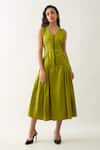Son of A Noble Snob_Green Cotton Satin V-neck Leaf Sleeveless Midi Dress _Online_at_Aza_Fashions