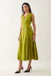 Buy_Son of A Noble Snob_Green Cotton Satin V-neck Leaf Sleeveless Midi Dress _Online_at_Aza_Fashions
