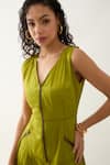Son of A Noble Snob_Green Cotton Satin V-neck Leaf Sleeveless Midi Dress _at_Aza_Fashions