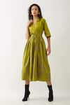 Son of A Noble Snob_Green Cotton Satin V-neck Leaf Midi Dress With Belt _Online_at_Aza_Fashions