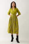 Buy_Son of A Noble Snob_Green Cotton Satin V-neck Leaf Midi Dress With Belt _Online_at_Aza_Fashions