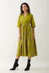 Buy_Son of A Noble Snob_Green Cotton Satin V-neck Leaf Midi Dress With Belt _at_Aza_Fashions