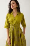 Shop_Son of A Noble Snob_Green Cotton Satin V-neck Leaf Midi Dress With Belt _Online_at_Aza_Fashions