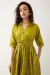 Son of A Noble Snob_Green Cotton Satin V-neck Leaf Midi Dress With Belt _at_Aza_Fashions
