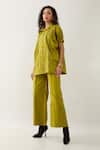 Son of A Noble Snob_Green Cotton Satin Collared Leaf Demure Co-ord Set _Online_at_Aza_Fashions