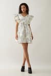 Son of A Noble Snob_Off White Cotton Satin V-neck Gala Anther Print Dress _Online_at_Aza_Fashions