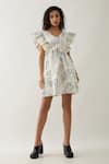 Buy_Son of A Noble Snob_Off White Cotton Satin V-neck Gala Anther Print Dress _at_Aza_Fashions