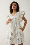 Shop_Son of A Noble Snob_Off White Cotton Satin V-neck Gala Anther Print Dress _Online_at_Aza_Fashions