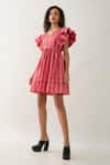 Son of A Noble Snob_Pink Cotton Satin V-neck Salmon Catkin Print Dress _Online_at_Aza_Fashions