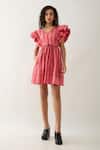 Buy_Son of A Noble Snob_Pink Cotton Satin V-neck Salmon Catkin Print Dress _Online_at_Aza_Fashions