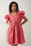 Son of A Noble Snob_Pink Cotton Satin V-neck Salmon Catkin Print Dress _at_Aza_Fashions