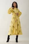 Buy_Son of A Noble Snob_Yellow Cotton Satin Round Neck Grace Farm Print Dress _Online_at_Aza_Fashions