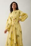 Son of A Noble Snob_Yellow Cotton Satin Round Neck Grace Farm Print Dress _at_Aza_Fashions