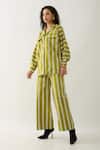 Son of A Noble Snob_Green Cotton Satin Collared Leaf Catkin Print Shirt And Trouser Set _Online_at_Aza_Fashions