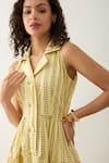 Son of A Noble Snob_Yellow Cotton Satin Collared Liam Catkin Print Midi Dress _at_Aza_Fashions