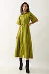 Son of A Noble Snob_Green Cotton Satin Collared Leaf Catkin Print Midi Dress _Online_at_Aza_Fashions