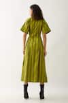 Shop_Son of A Noble Snob_Green Cotton Satin Collared Leaf Catkin Print Midi Dress _at_Aza_Fashions