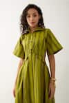 Son of A Noble Snob_Green Cotton Satin Collared Leaf Catkin Print Midi Dress _at_Aza_Fashions