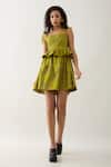 Son of A Noble Snob_Green Cotton Satin Square Neck Leaf Anther Print Dress _Online_at_Aza_Fashions