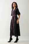 Son of A Noble Snob_Black Cotton Satin Collared, V-neck Mosaic Print Fit-and-flare Dress _Online_at_Aza_Fashions