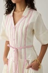 Son of A Noble Snob_Off White Cotton Satin Collared, V-neck Mosaic Print Fit-and-flare Dress _at_Aza_Fashions