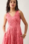 Son of A Noble Snob_Pink Cotton Satin Round Neck Naru Salmon Midi Dress _at_Aza_Fashions