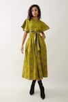 Shop_Son of A Noble Snob_Green Cotton Satin Round Neck Leaf Floret Print Midi Dress _Online_at_Aza_Fashions
