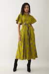 Buy_Son of A Noble Snob_Green Cotton Satin Round Neck Leaf Floret Print Midi Dress _at_Aza_Fashions