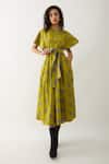 Son of A Noble Snob_Green Cotton Satin Round Neck Leaf Floret Print Midi Dress _at_Aza_Fashions