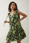 Son of A Noble Snob_Black Cotton Satin V-neck Nubra Glow Print Sleeveless Dress _at_Aza_Fashions