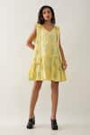 Son of A Noble Snob_Yellow Cotton Satin V-neck Lemon Grape Print Dress _at_Aza_Fashions
