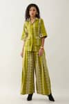 Son of A Noble Snob_Green Cotton Satin Collared Leaf Barbed Print Rene Set _Online_at_Aza_Fashions