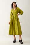 Shop_Son of A Noble Snob_Green Cotton Satin Collared Leaf Double-breasted Midi Dress _Online_at_Aza_Fashions