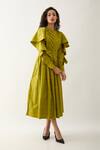 Son of A Noble Snob_Green Cotton Satin Round Neck Leaf Regal Print Midi Dress _Online_at_Aza_Fashions