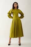 Buy_Son of A Noble Snob_Green Cotton Satin Round Neck Leaf Regal Print Midi Dress _at_Aza_Fashions