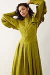 Shop_Son of A Noble Snob_Green Cotton Satin Round Neck Leaf Regal Print Midi Dress _Online_at_Aza_Fashions