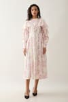 Buy_Son of A Noble Snob_Off White Cotton Satin Round Neck Ronita Floral Midi Dress _Online_at_Aza_Fashions