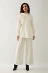 Son of A Noble Snob_Off White Cotton Satin Fabric Flowers Mandarin Rosette Asymmetric Panel Shirt _Online_at_Aza_Fashions