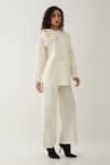 Son of A Noble Snob_Off White Cotton Satin Fabric Flowers Mandarin Rosette Asymmetric Panel Shirt _at_Aza_Fashions