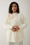 Shop_Son of A Noble Snob_Off White Cotton Satin Fabric Flowers Mandarin Rosette Asymmetric Panel Shirt 