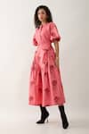 Son of A Noble Snob_Pink Cotton Satin Embroidery, Bows Round Neck Salmon Farm Print Skirt Set _Online_at_Aza_Fashions