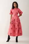 Buy_Son of A Noble Snob_Pink Cotton Satin Embroidery, Bows Round Neck Salmon Farm Print Skirt Set _at_Aza_Fashions