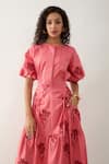 Shop_Son of A Noble Snob_Pink Cotton Satin Embroidery, Bows Round Neck Salmon Farm Print Skirt Set _Online_at_Aza_Fashions