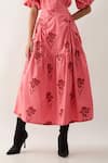 Son of A Noble Snob_Pink Cotton Satin Embroidery, Bows Round Neck Salmon Farm Print Skirt Set _at_Aza_Fashions