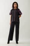 Son of A Noble Snob_Black Cotton Satin Embroidery Collared Samui Shirt With Puff Sleeves _Online_at_Aza_Fashions