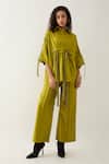 Shop_Son of A Noble Snob_Green Cotton Satin Collared Leaf Sherry Shirt With Belt _Online_at_Aza_Fashions